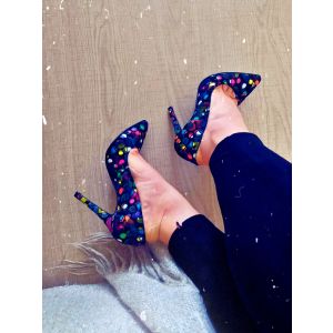 Pantofi dama stiletto negru multicolor din piele naturala