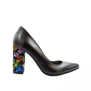 Pantofi dama stiletto piele negri toc gros multicolor 