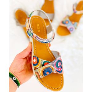 Sandale dama fara toc piele naturala paun multicolor