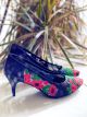 Pantofi dama stiletto cu toc mic si broderie din flori multicolor - Negru